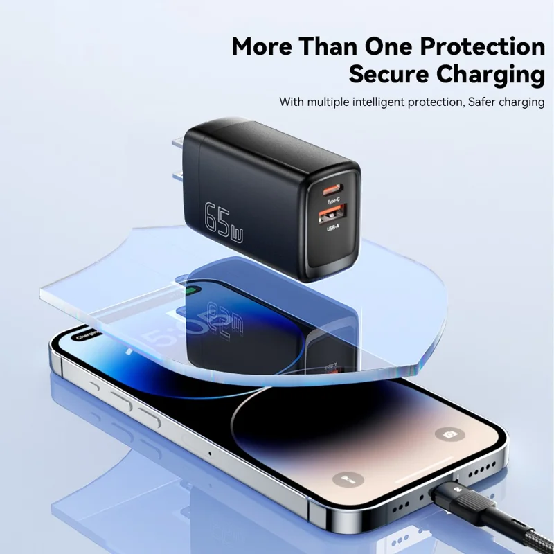 ESSAGER Gan 65W USB + Estación de Carga de Cargadores de Pared Tipo c Para Hogar, Oficina, Viaje - Negro / Enchufe de Ee. Uu.