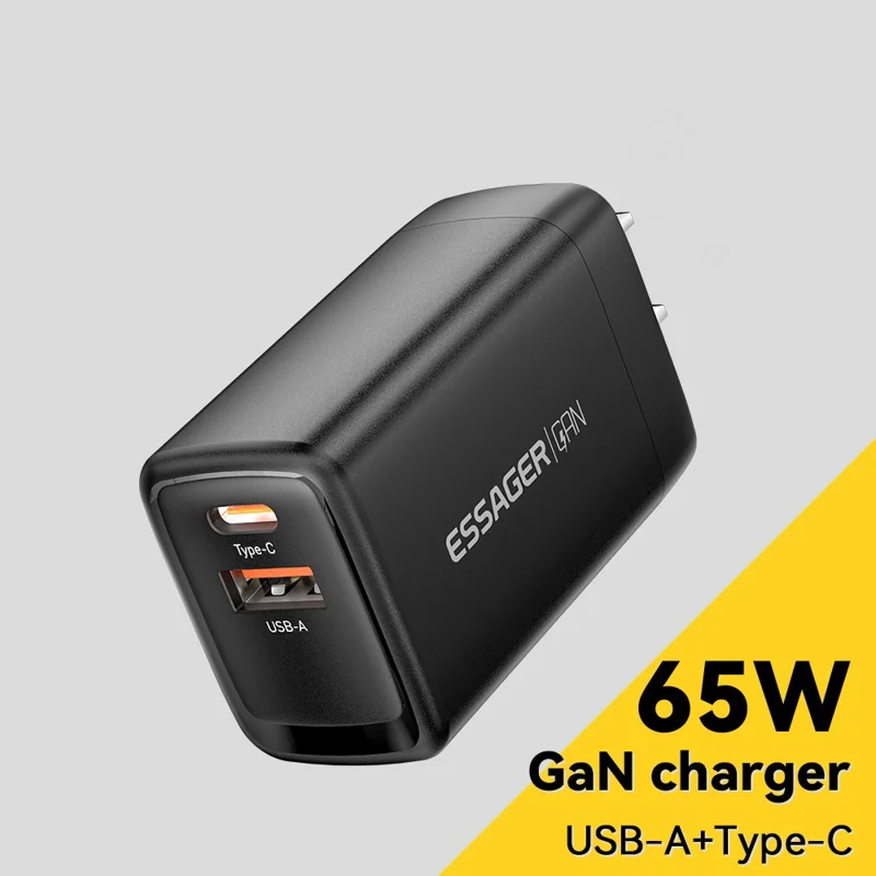 ESSAGER Gan 65W USB + Estación de Carga de Cargadores de Pared Tipo c Para Hogar, Oficina, Viaje - Negro / Enchufe de Ee. Uu.