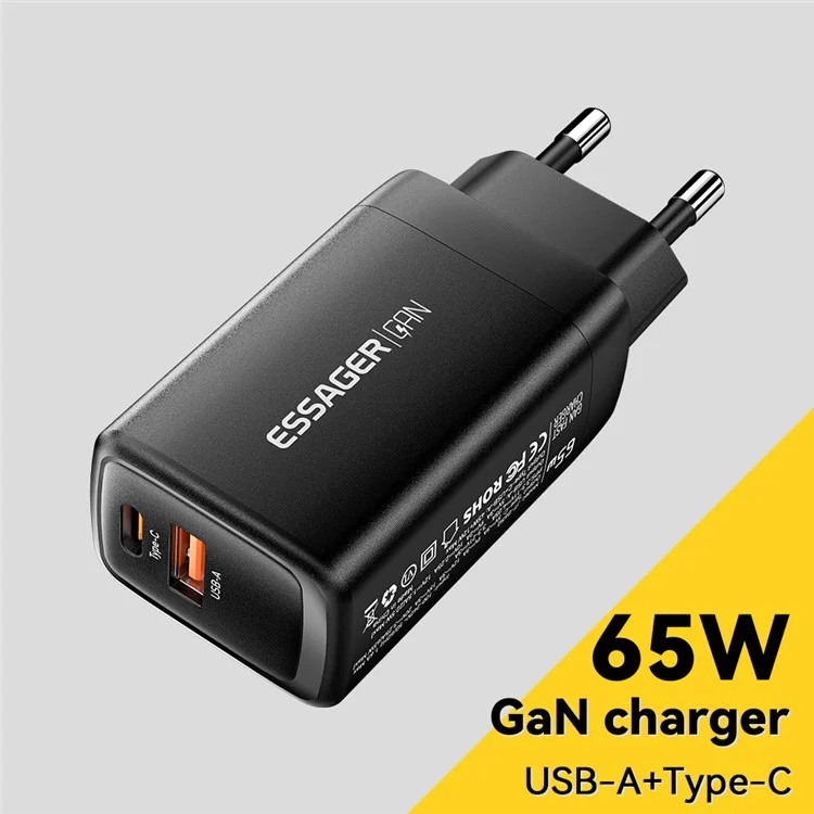 ESSAGER Gan 65W USB + Type-c Chargeur Murs Chargeur Pour la Maison, Bureau, Voyage - Noir / Bouchon ue