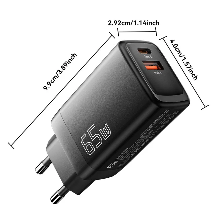 Essager GaN 65W USB + Tipo c Estação de Carregamento de Parede Para Casa, Escritório, Viagem - Preto / Plugue da ue