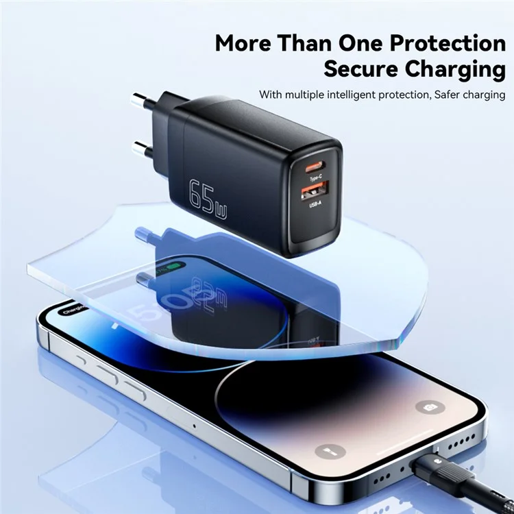 ESSAGER Gan 65W USB + Type-c Chargeur Murs Chargeur Pour la Maison, Bureau, Voyage - Noir / Bouchon ue