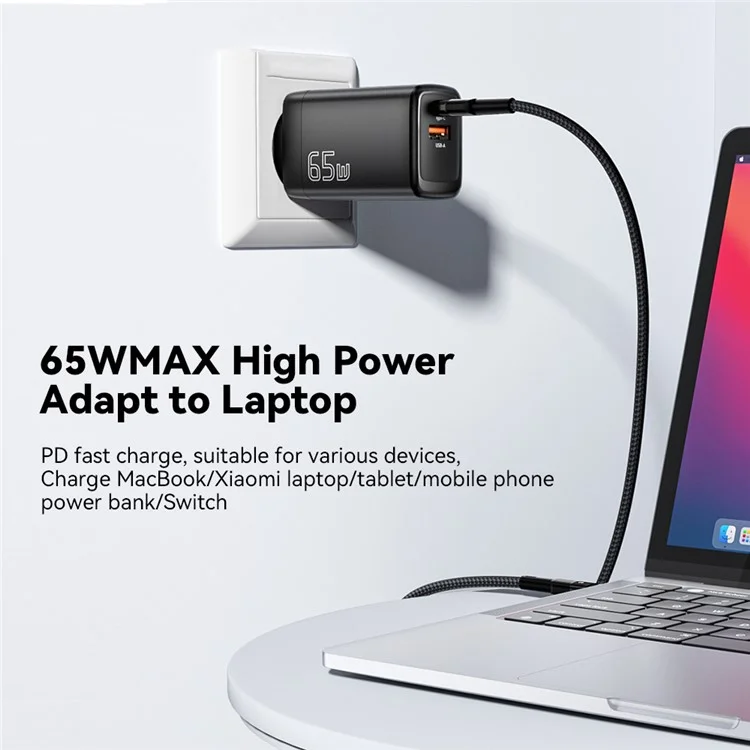 ESSAGER Gan 65W USB + Type-c Chargeur Murs Chargeur Pour la Maison, Bureau, Voyage - Noir / Bouchon ue