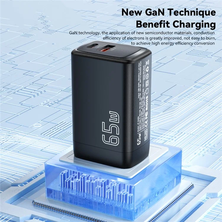 ESSAGER Gan 65W USB + Type-c Chargeur Murs Chargeur Pour la Maison, Bureau, Voyage - Noir / Bouchon ue