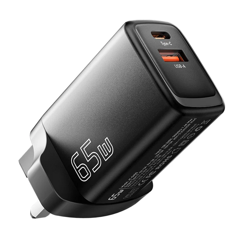ESSAGER GaN 65W USB + Type-C Wall Charger Charging Station for Home, Office, Travel - Black / UK Plug