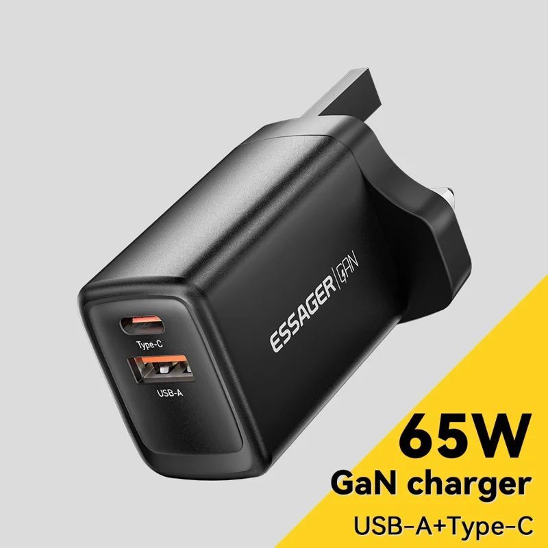 ESSAGER GaN 65W USB + Type-C Wall Charger Charging Station for Home, Office, Travel - Black / UK Plug