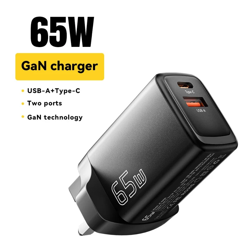 ESSAGER GaN 65W USB + Type-C Wall Charger Charging Station for Home, Office, Travel - Black / UK Plug