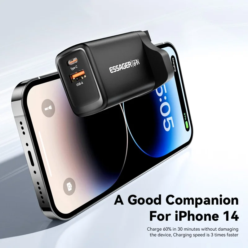 ESSAGER GaN 65W USB + Type-C Wall Charger Charging Station for Home, Office, Travel - Black / UK Plug