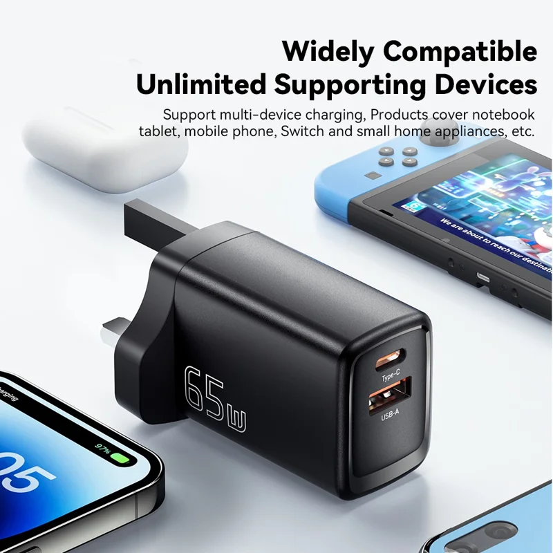 ESSAGER GaN 65W USB + Type-C Wall Charger Charging Station for Home, Office, Travel - Black / UK Plug