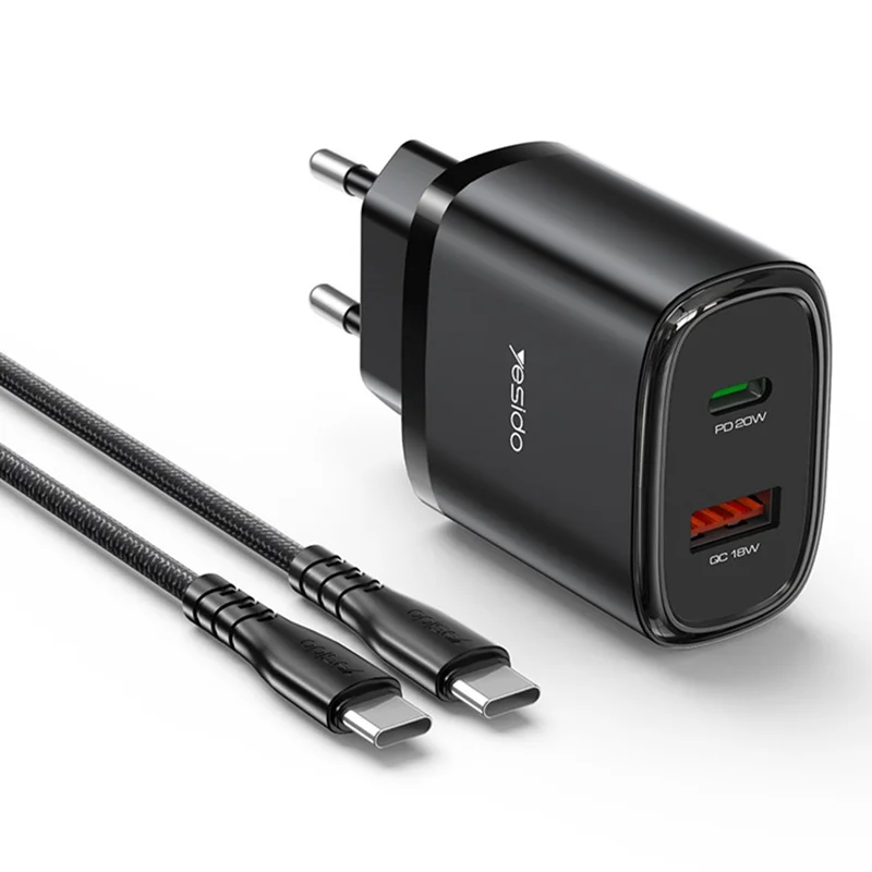 YESIDO YC50 20W Caricabatterie da parete rapido Type-C+USB Caricabatterie a doppia porta Set adattatore, cavo USB-C a USB-C, spina EU