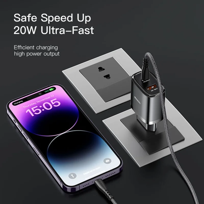 YESIDO YC50 20W Caricabatterie da parete rapido Type-C+USB Caricabatterie a doppia porta Set adattatore, cavo USB-C a USB-C, spina EU