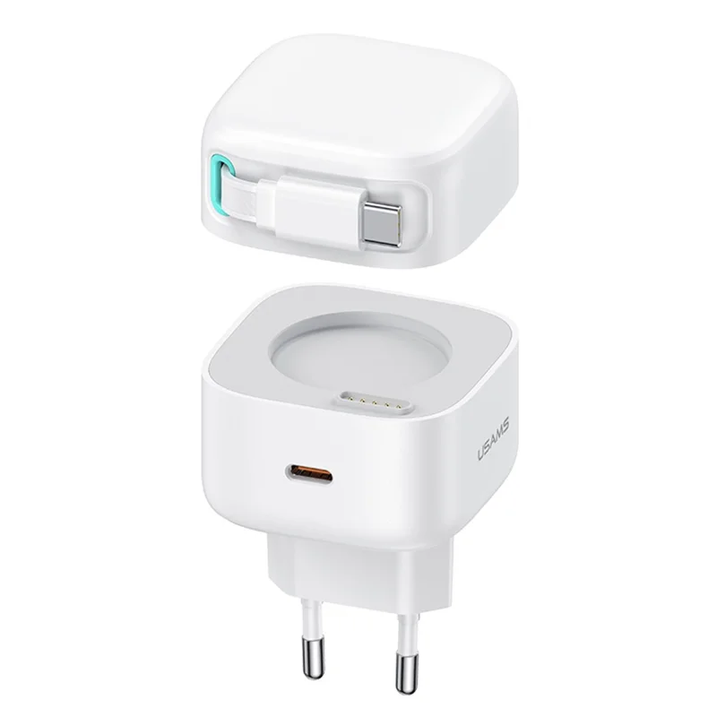 USAMS US-CC202 XMF Series PD 35W Type-C GaN Charger Magnetic Fast Charging Adapter with Retractable Type-C Cable, EU Plug - White