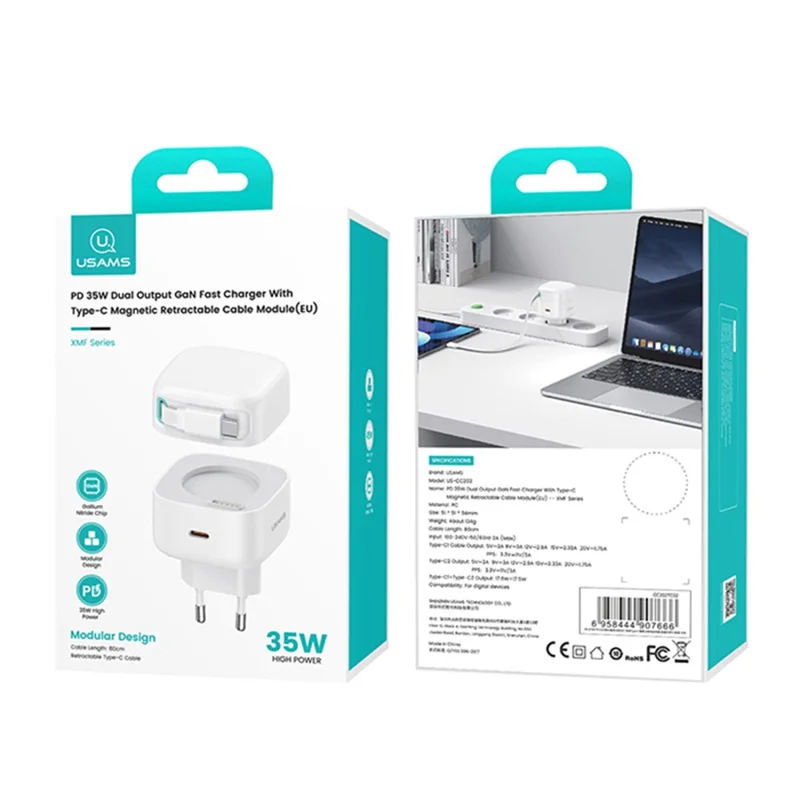USAMS US-CC202 XMF Series PD 35W Type-C GaN Charger Magnetic Fast Charging Adapter with Retractable Type-C Cable, EU Plug - White
