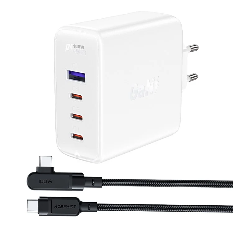 ACEFAST A37 PD 100W GaN Wandladegerät 3 Type-C + 1 USB-A Ladeadapter mit Type-C zu Type-C Kabel, EU-Stecker - Weiß