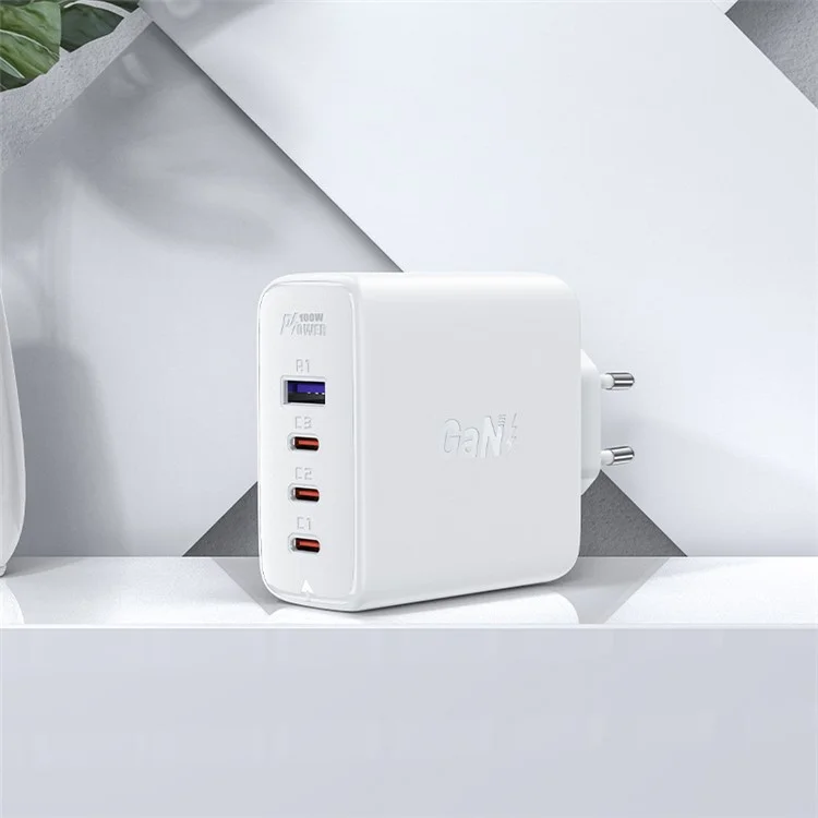 ACEFAST A37 PD 100W GaN Wandladegerät 3 Type-C + 1 USB-A Ladeadapter mit Type-C zu Type-C Kabel, EU-Stecker - Weiß