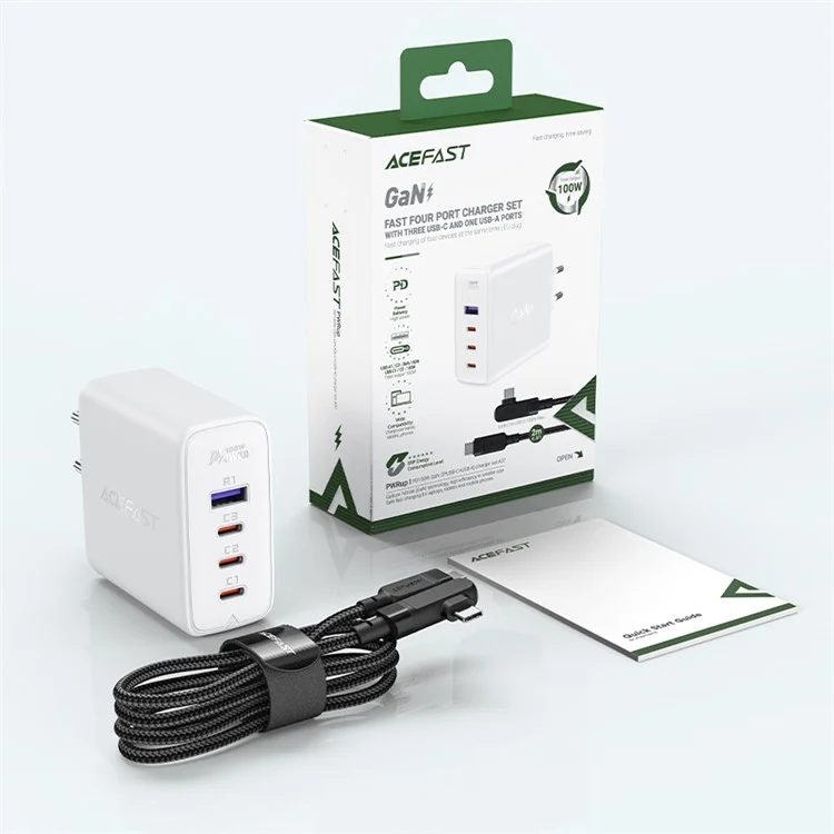 ACEFAST A37 PD 100W GaN Wandladegerät 3 Type-C + 1 USB-A Ladeadapter mit Type-C zu Type-C Kabel, EU-Stecker - Weiß