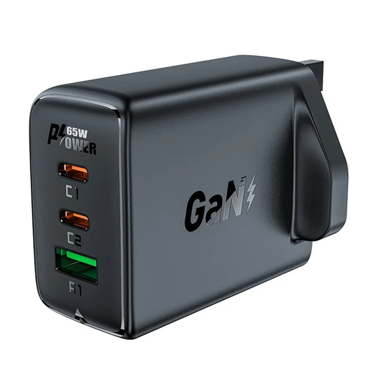ACEFAST A44 PD 65 Вт Зарядное устройство для стенки 2 Type-C + 1 USB-A GaN, Адаптер для зарядки телефона, UK-вилка - Черный