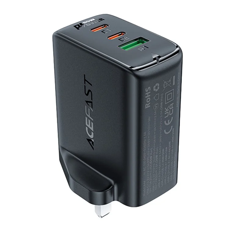 ACEFAST A44 PD 65 Вт Зарядное устройство для стенки 2 Type-C + 1 USB-A GaN, Адаптер для зарядки телефона, UK-вилка - Черный