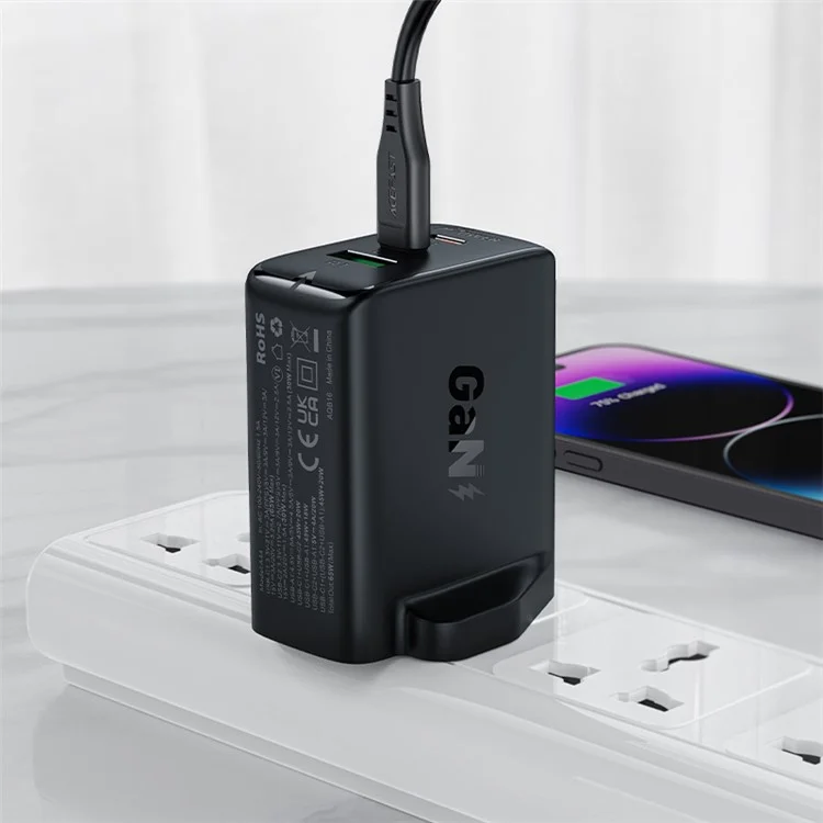 ACEFAST A44 PD 65 Вт Зарядное устройство для стенки 2 Type-C + 1 USB-A GaN, Адаптер для зарядки телефона, UK-вилка - Черный