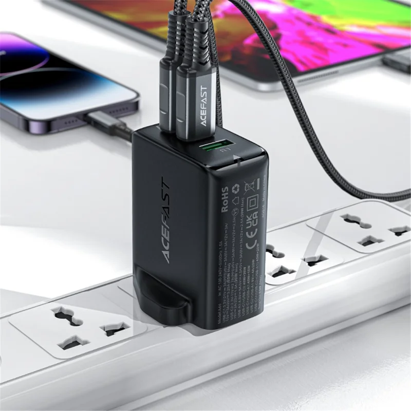 ACEFAST A44 PD 65 Вт Зарядное устройство для стенки 2 Type-C + 1 USB-A GaN, Адаптер для зарядки телефона, UK-вилка - Черный
