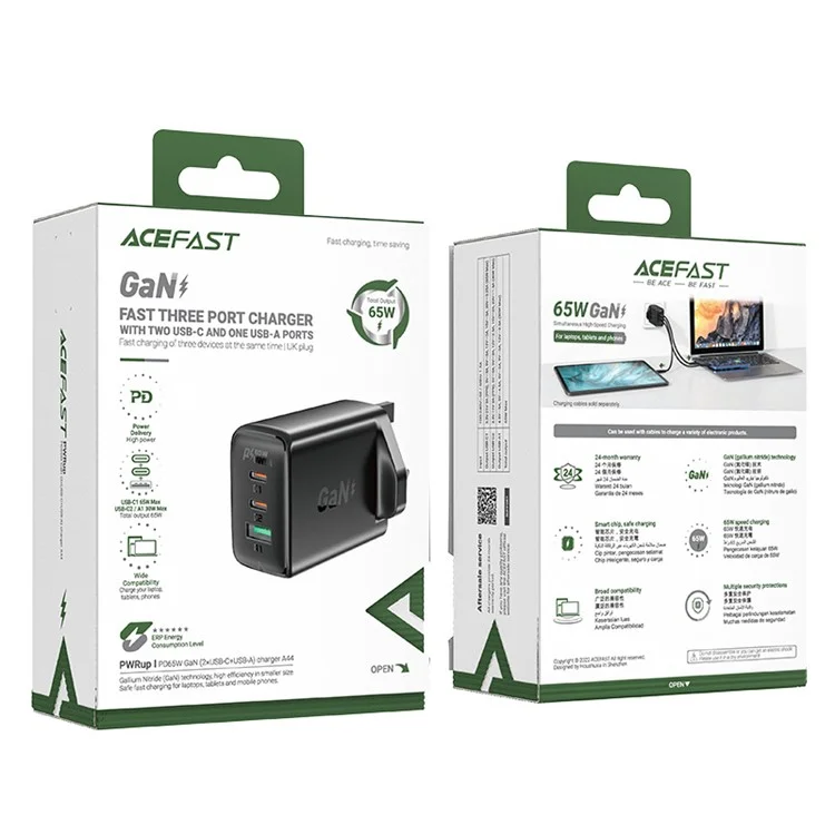 ACEFAST A44 PD 65 Вт Зарядное устройство для стенки 2 Type-C + 1 USB-A GaN, Адаптер для зарядки телефона, UK-вилка - Черный