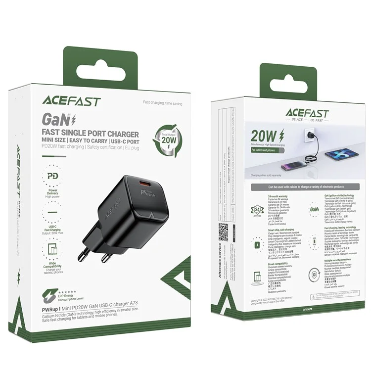 ACEFAST A73 Mini PD 20W GaN Зарядное устройство с разъемом Type-C, быстрая зарядка для телефона, адаптер, европейская вилка