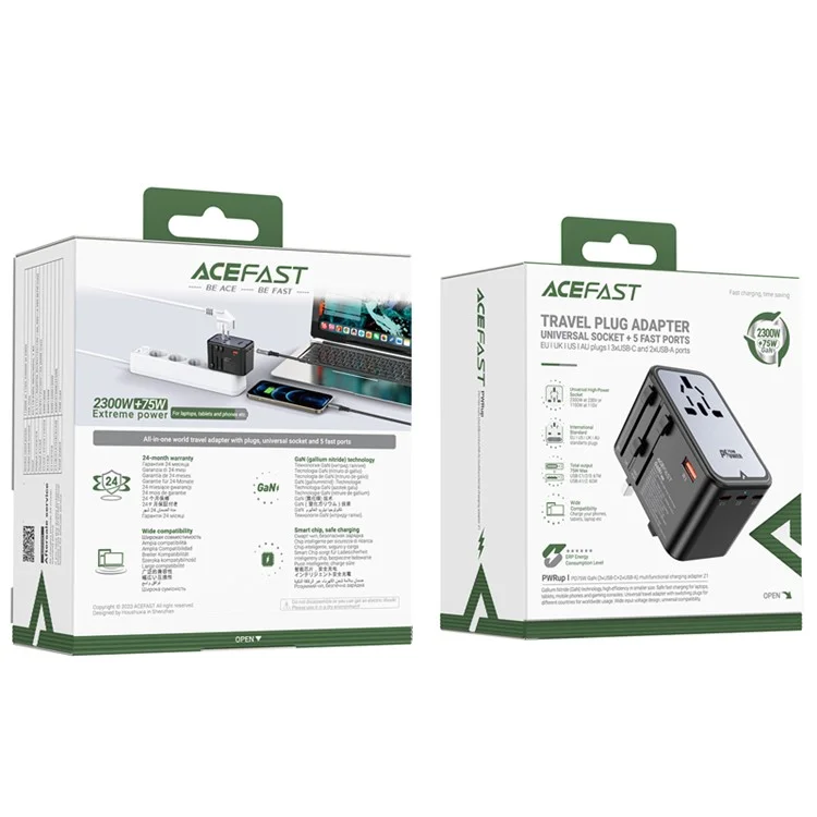 ACEFAST Z1 PD 75W Fast Charger 3 Type-C + 2 USB-A GaN Travel Power Socket with EU / UK / US / AU Plug
