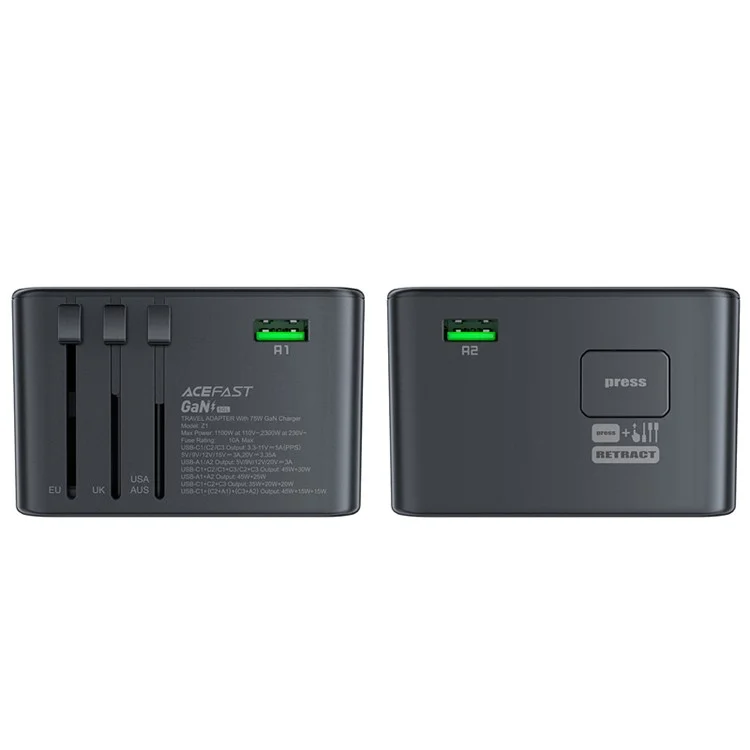 ACEFAST Z1 PD 75W Fast Charger 3 Type-C + 2 USB-A GaN Travel Power Socket with EU / UK / US / AU Plug