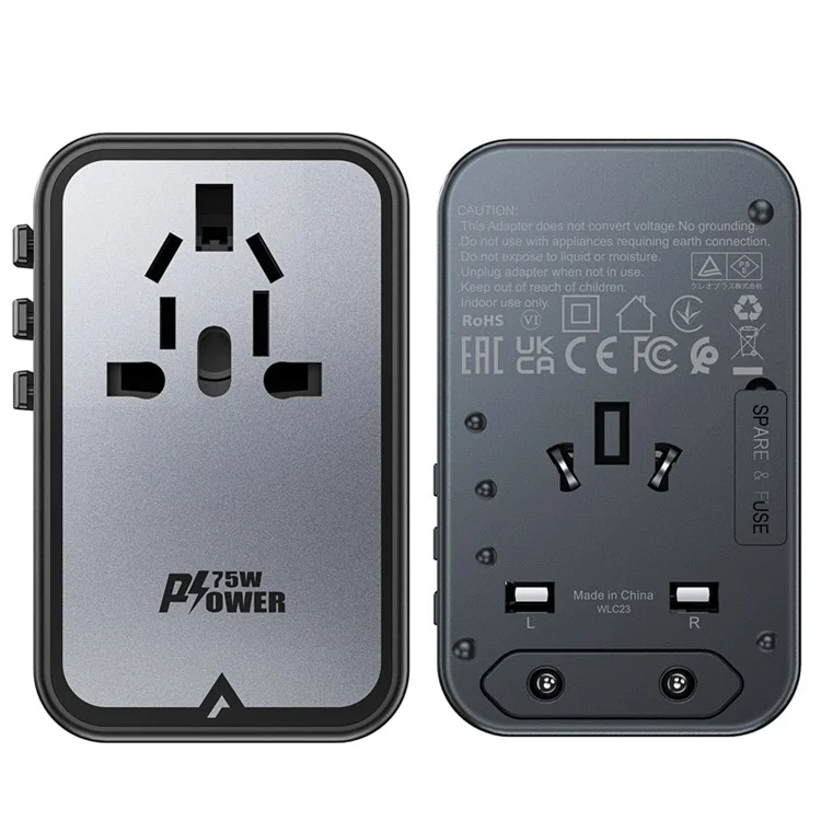 ACEFAST Z1 PD 75W Fast Charger 3 Type-C + 2 USB-A GaN Travel Power Socket with EU / UK / US / AU Plug