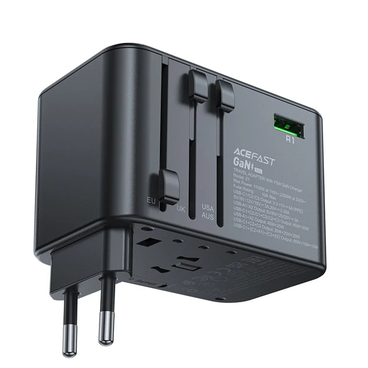 ACEFAST Z1 PD 75W Fast Charger 3 Type-C + 2 USB-A GaN Travel Power Socket with EU / UK / US / AU Plug