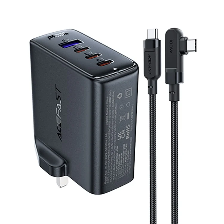 Acefast A40 PD 100W Gan Fast Charger 3 Tipo-c + 1 Adaptador de Carregamento USB-A Com Cabo de Carregamento, Plugue do Reino Unido - Preto