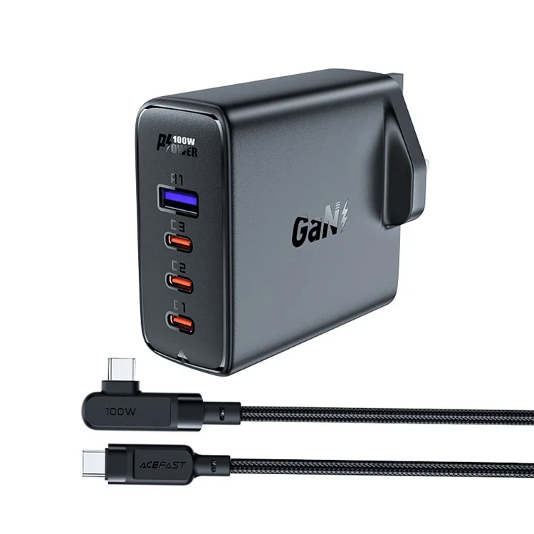 Acefast A40 PD 100W Gan Fast Charger 3 Tipo-c + 1 Adaptador de Carregamento USB-A Com Cabo de Carregamento, Plugue do Reino Unido - Preto