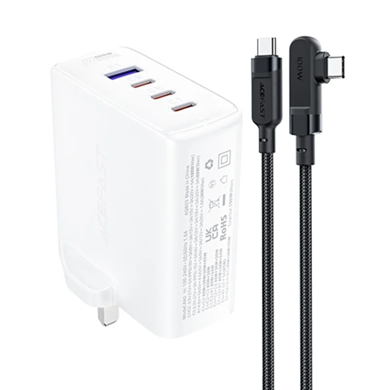 ACEFAST A40 PD 100W GaN Fast Charger 3 Type-C + 1 USB-A Charging Adapter with Charging Cable, UK Plug - White