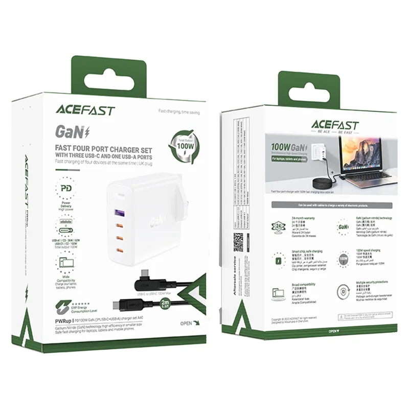 ACEFAST A40 PD 100W GaN Fast Charger 3 Type-C + 1 USB-A Charging Adapter with Charging Cable, UK Plug - White