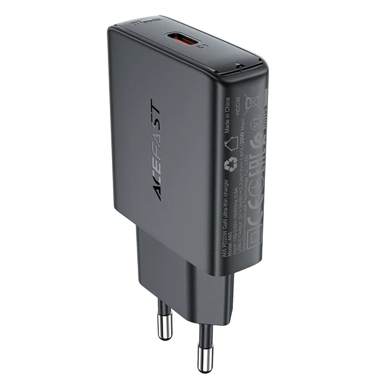 ACEFAST A65 GaN Tech PD 20W Fast Charger Type-C Ports Wall Charger Power Adapter - EU Plug