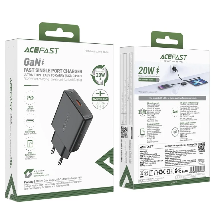 Acefast A65 Gan Tech PD 20W Carregador Fast Type-C Adaptador de Energia do Carregador de Parede - Plugue da ue