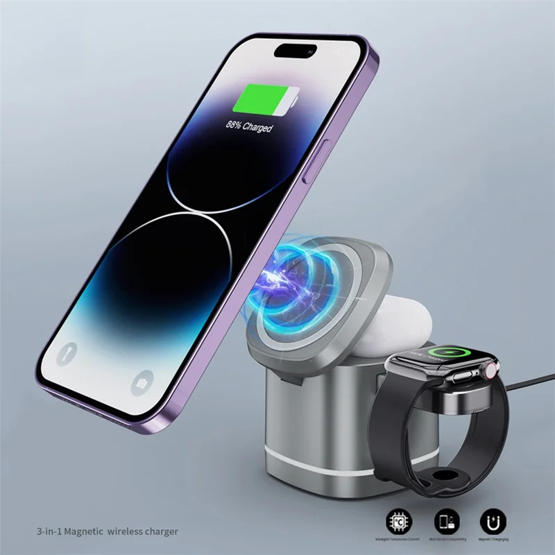 XUNDD XDCH-061 3-in-1 Magnetic Wireless Charger Folding Cell Phone Charging Stand for Headset, iWatch - Silver