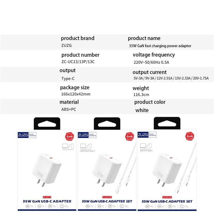 ZUZG-UC13C 35W GaN Adattatore USB-C Set Caricabatterie Rapido con Cavo Type-C a Type-C per Laptop e Telefono 