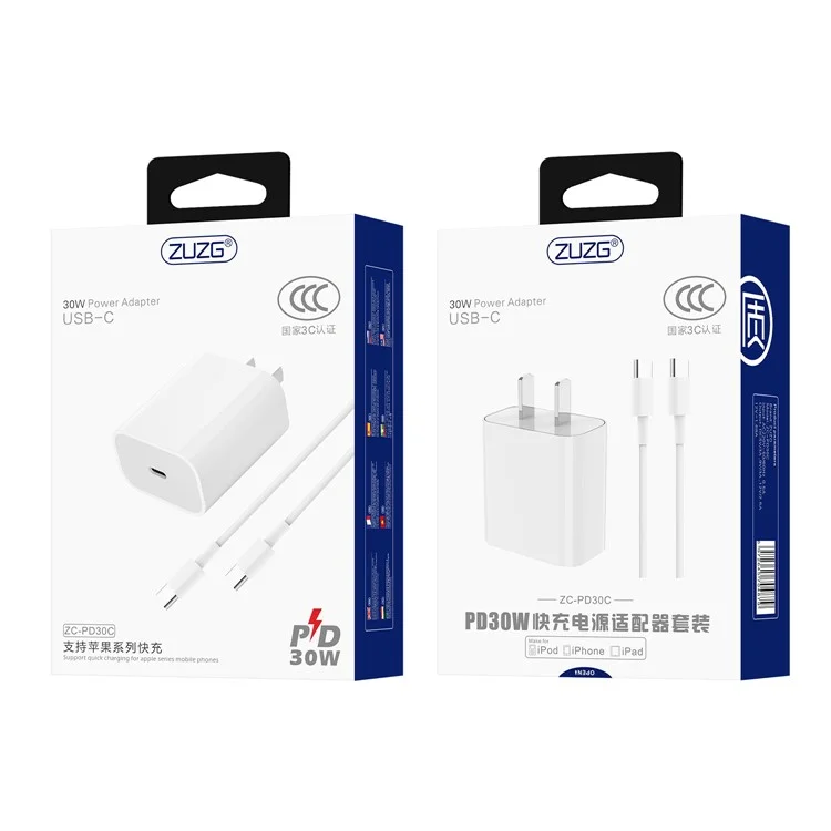 ZUZG PD30C PD 30W USB-C Fast Charger Set con cavo USB-C a USB-C da 1m per la serie iPhone 15