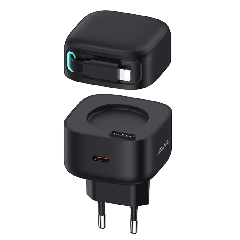 USAMS US-CC209 PD 35W GaN wandlader Dubbele USB-C snellader met iP magnetische intrekbare kabelmodule - Zwart / EU-stekker