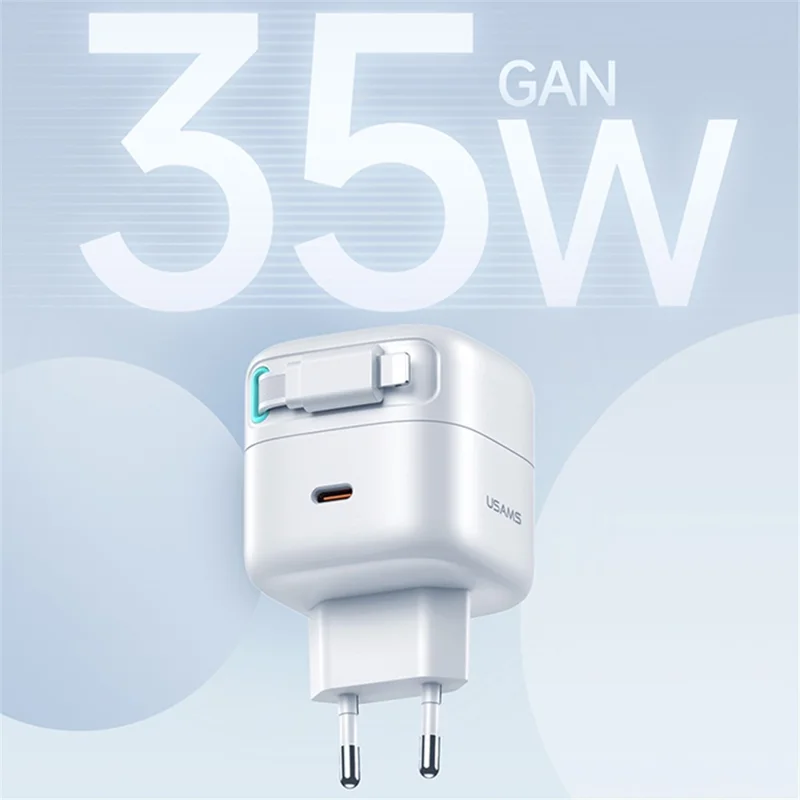 USAMS US-CC209 PD 35W GaN wandlader Dubbele USB-C snellader met iP magnetische intrekbare kabelmodule - Zwart / EU-stekker