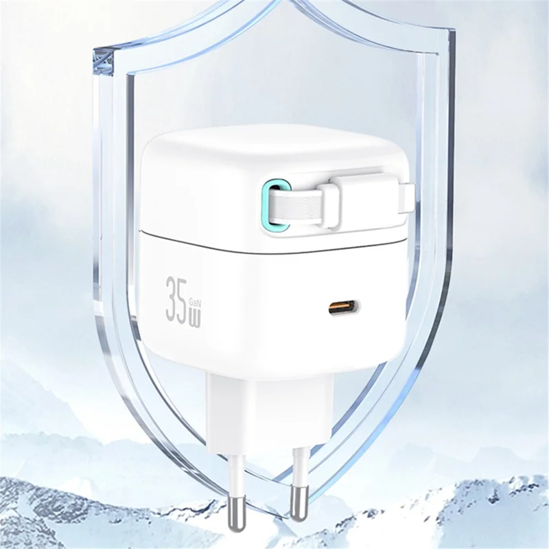 USAMS US-CC209 PD 35W GaN wandlader Dubbele USB-C snellader met iP magnetische intrekbare kabelmodule - Zwart / EU-stekker