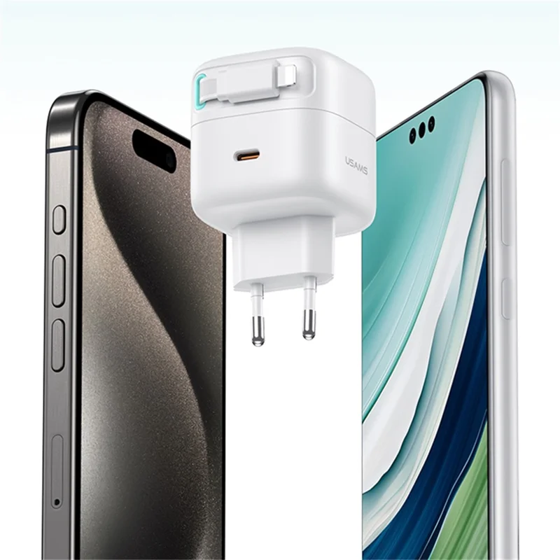 USAMS US-CC209 PD 35W GaN wandlader Dubbele USB-C snellader met iP magnetische intrekbare kabelmodule - Zwart / EU-stekker