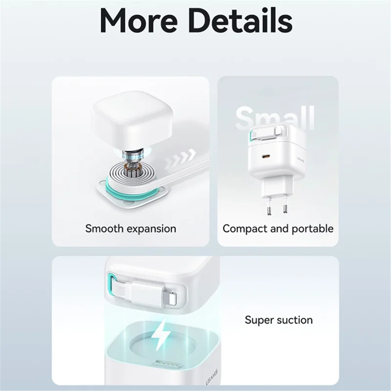 USAMS US-CC209 PD 35W GaN wandlader Dubbele USB-C snellader met iP magnetische intrekbare kabelmodule - Zwart / EU-stekker