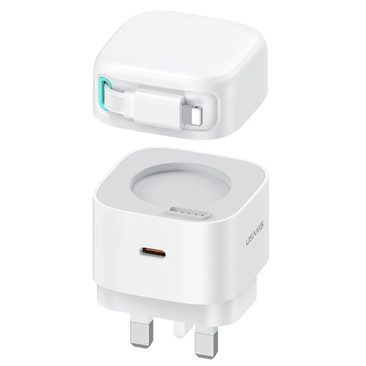 USAMS US-CC211 PD 35W Dual Output GaN Fast Charger mit iP Magnetische Rückziehhebel Kabel Modul - Weiß / UK-Stecker