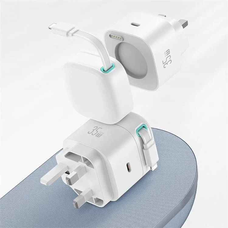 USAMS US-CC211 PD 35W Dual Output GaN Fast Charger mit iP Magnetische Rückziehhebel Kabel Modul - Weiß / UK-Stecker