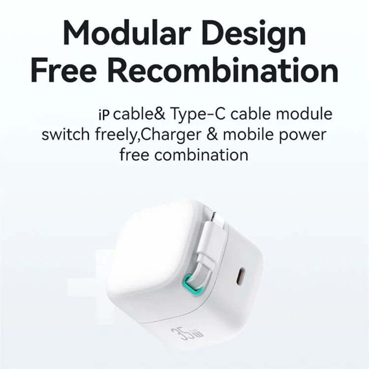 USAMS US-CC211 PD 35W Dual Output GaN Fast Charger mit iP Magnetische Rückziehhebel Kabel Modul - Weiß / UK-Stecker