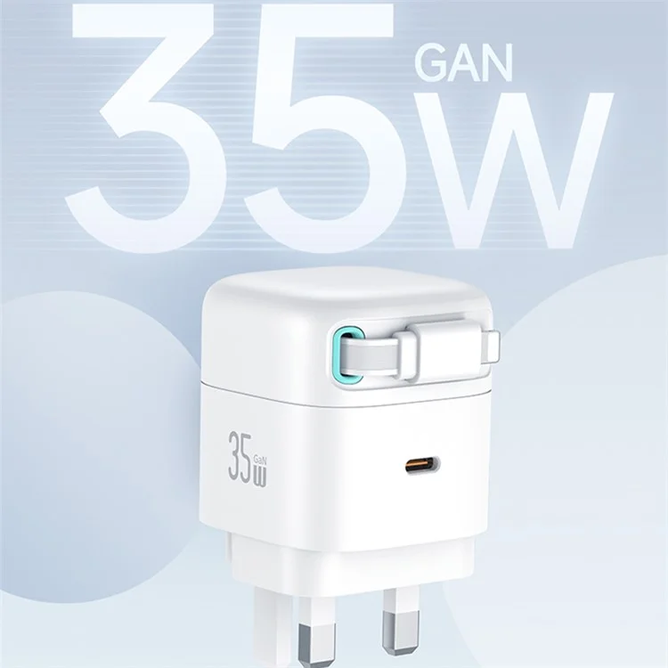 USAMS US-CC211 PD 35W Dual Output GaN Fast Charger mit iP Magnetische Rückziehhebel Kabel Modul - Weiß / UK-Stecker