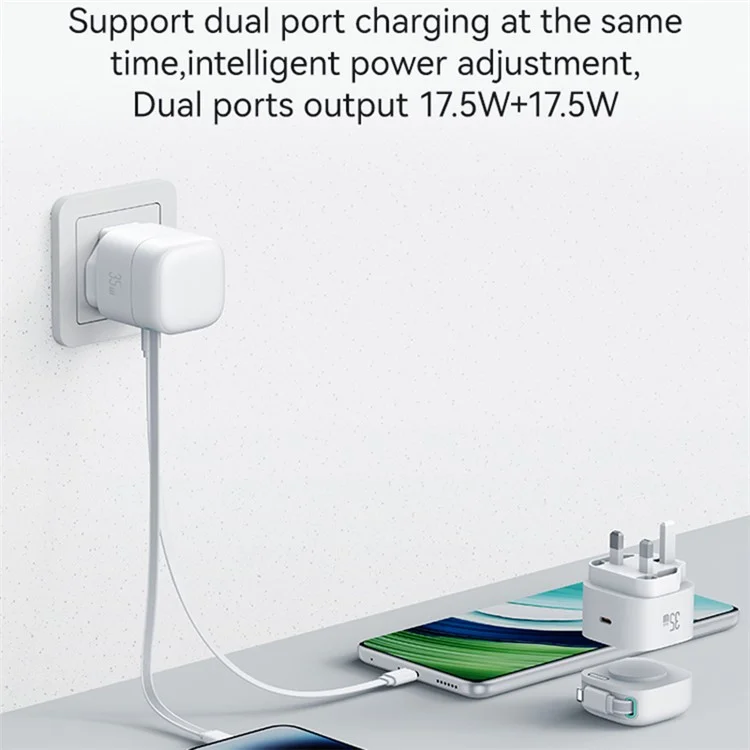 USAMS US-CC211 PD 35W Dual Output GaN Fast Charger mit iP Magnetische Rückziehhebel Kabel Modul - Weiß / UK-Stecker