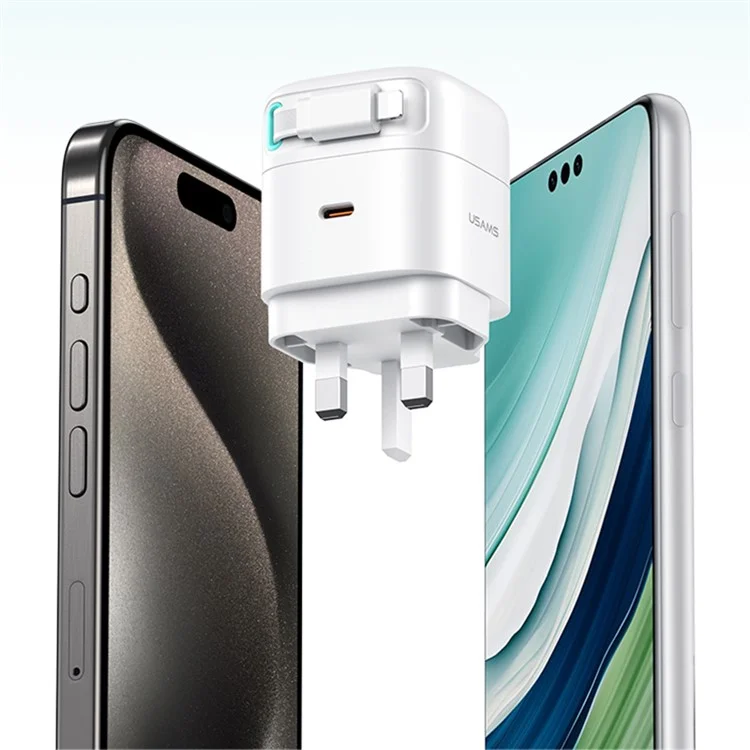 USAMS US-CC211 PD 35W Dual Output GaN Fast Charger mit iP Magnetische Rückziehhebel Kabel Modul - Weiß / UK-Stecker