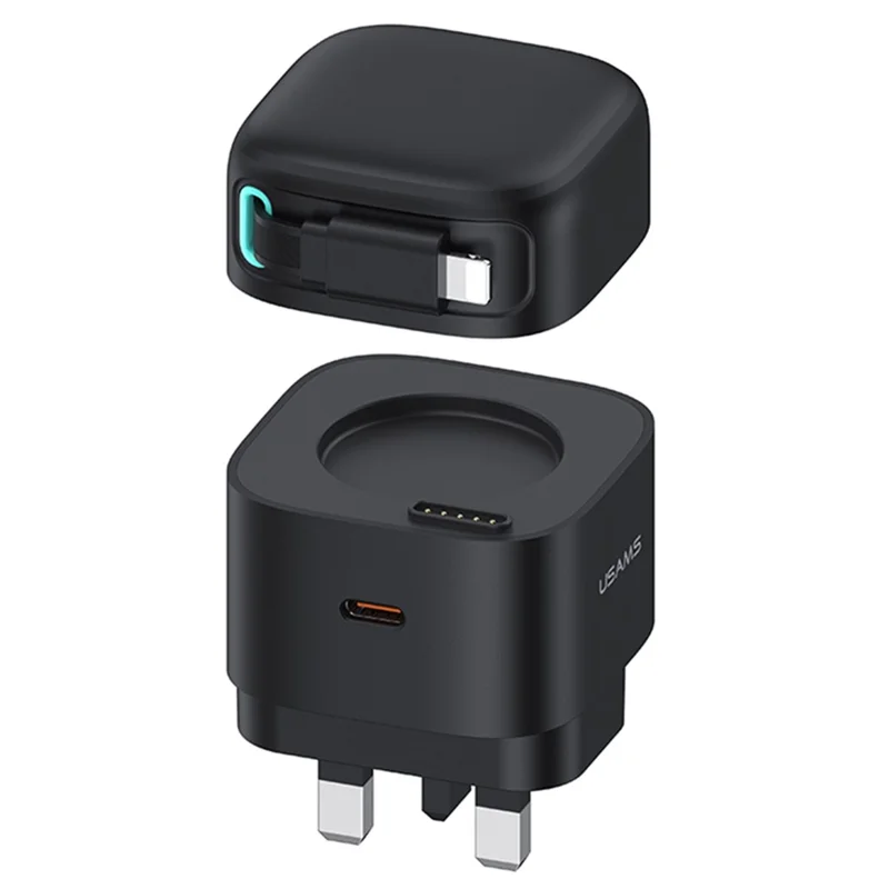 USAMS US-CC211 PD 35W Dual Output GaN Fast Charger with iP Magnetic Retractable Cable Module - Black / UK Plug